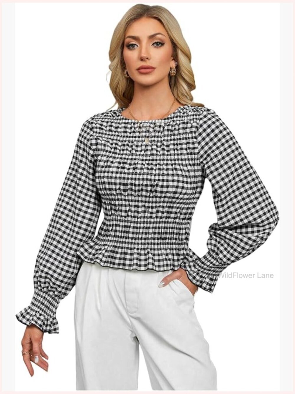 Gingham Peplum Babydoll Blouse Cute Lantern Long Sleeve Crew Neck Dressy Casual